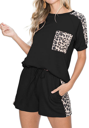 Women’s Casual Leopard Printed Pajamas Set Short Sleeve Tops With Shorts Lounge Set Two-Piece Sleepwear With Pockets
